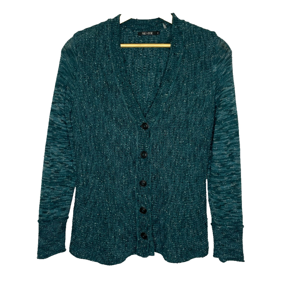Women's Medium Nic & Zoe Blue Marled Knit Cardigan Cotton Blend Sweater